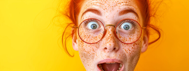 Obraz premium Woman with red hair, freckles, glasses, and attentive vision care for her eyes and ears.