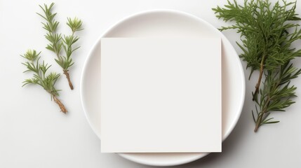 Greeting card mock up. Blank paper invitation, craft envelope on ceramic plate isolated on white table background, top view 