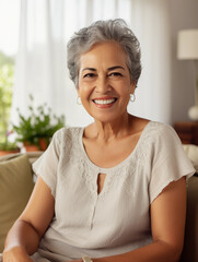 Senior latina woman happy sitting on her sofa in the living room at home, smiling retired pensioner healthy mature woman hd  - obrazy, fototapety, plakaty