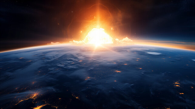 A breathtaking view of Earth from space, with the explosion of a giant atomic bomb, at the beginning of the third world war. Epic detonation for a wallpaper.