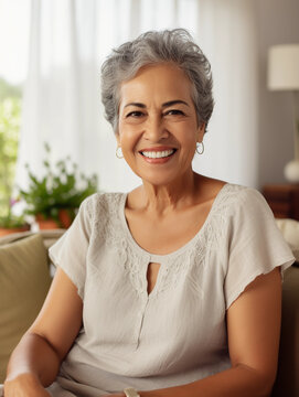 Senior latina woman happy sitting on her sofa in the living room at home, smiling retired pensioner healthy mature woman hd 