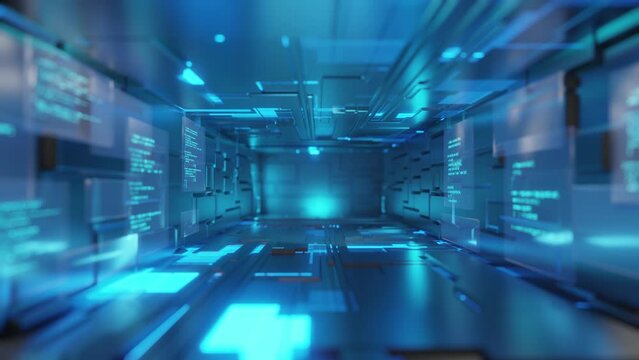Abstract futuristic room technology background, with source code on wall.