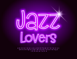 Vector artistic poster Jazz Lovers. Purple Neon Font. Led Illuminated Alphabet Letters and Numbers set