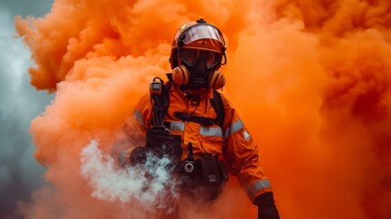 Rescue man in firefighter uniform and oxygen mask walk through orange signal smoke