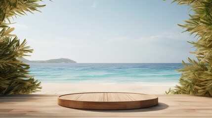 Wooden platform podium with a beach in the background, product presentation - obrazy, fototapety, plakaty