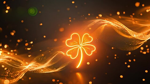 Golden background effect Four leaf clover Saint patrick's Day design with creative shiny Happy St. Patrick's Day on black background. Celebretion festive sparkles 4k video