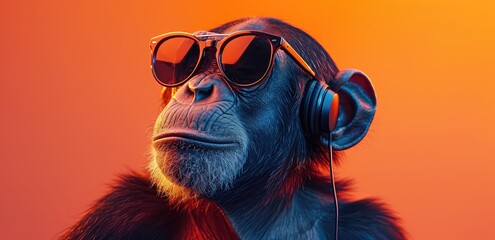 a photo of a chimpanzee wearing sunglasses listening to music