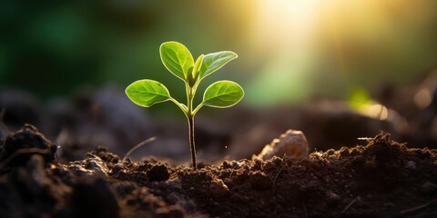 Young green plant growing in soil with sunlight. Ecology and environment concept