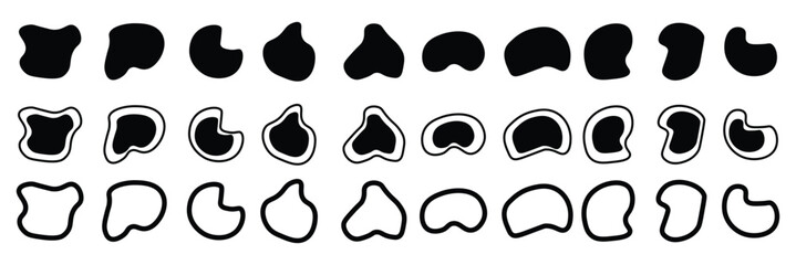 Abstract fluid blob shapes vector set. Paint liquid black blotch shapes. Amoeba blob shape in modern style,  Random shapes. Organic black blobs of irregular shape. Abstract blotch, inkblot and pebble