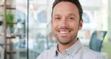 Business man, face and laughing for humor in office, professional and comedy or funny joke in workplace. Male person, portrait and playful or happy for information, entrepreneur and pride for career