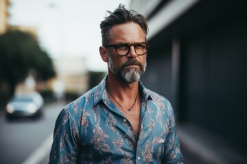 Fototapeta premium Portrait of a handsome middle-aged man with gray beard and mustache, wearing a blue shirt and glasses, standing on a city street.