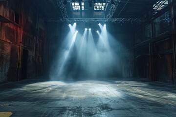 spotlights shine on stage floor in dark room, idea for background backdrop, abandon room or warehouse