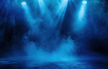 An illuminated stage featuring scenic lights and smoke effects. A blue vector spotlight casts its glow amidst the smoke, creating a voluminous light effect against a black backdrop