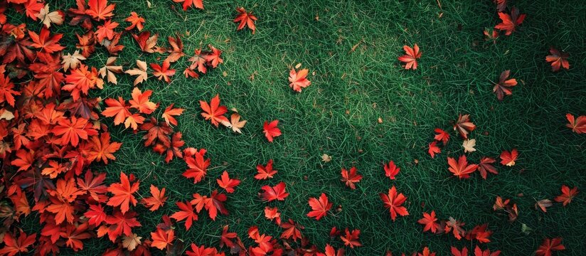 Vibrant red maple on green carpet.