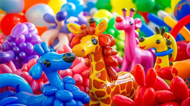 Fun and vibrant toy organisms: colorful balloon animals in electric blue and magenta for playful events
