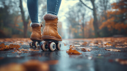 Autumn time. A person on rollers is on road in the park. Selective focus. Copy space. Sport concept  - obrazy, fototapety, plakaty