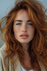 Stunning Portrait of a Caucasian Redhead Woman With Freckles, Intense Gaze, and Windblown Hair - Elegance Through Generative AI.