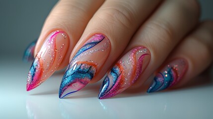 Vibrant nail art design featuring colorful swirl patterns and glitter for a stylish and creative look