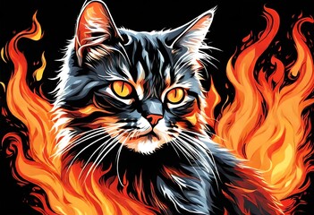 Raster version. Aggressive Fire cat. Concept Image of a Red Wolf and Flame on a Black