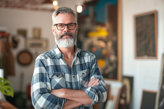 Small business owner testimonial image, Matured person standing in the workspace, mid aged man standing with his arms crossed in the art studio, Portrait of a craftsman smiling and happily standing