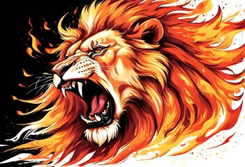 Abstract Illustration of Infuriated Lion with Fire Flames Fur on Black Background
