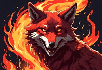 Raster version. Aggressive Fire Woolf. Concept Image of a Red Wolf and Flame on a Black
