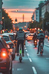 Evening traffic on a busy city street captured in bokeh with cyclists and cars, highlighting urban movement.