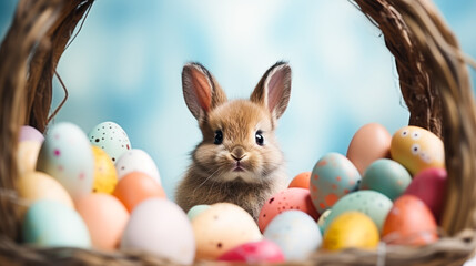 Fototapeta na wymiar Cute bunny between colorful Easter eggs
