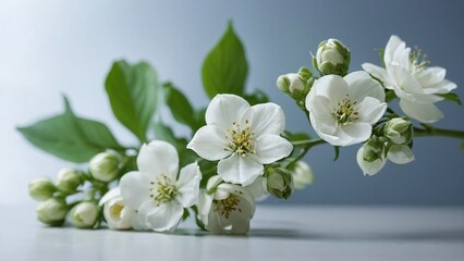 a branch of white flowers with green leaves on a gray and white background with a light blue sky in the backround of the image is a light blue background