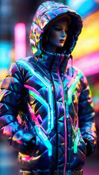 A mannequin dons a shimmering, iridescent jacket against the backdrop of a neon-lit urban street after dusk.