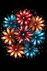 A vibrant cluster of abstract flowers with glowing petals on a dark background