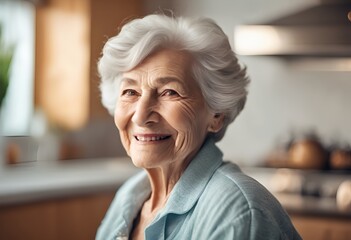 Fototapeta na wymiar Portrait of a cute smiling grandmother with gray hair and a beautiful hairstyle on a light background