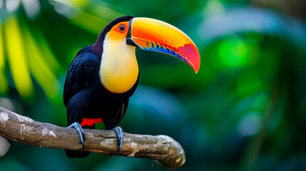Obraz premium A bright big toucan is sitting on a branch