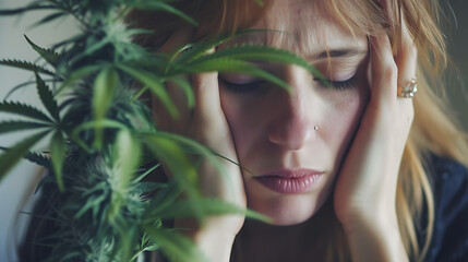 Natürliche Linderung gesucht: Frau mit Kopfschmerzen neben Cannabis-Pflanze - obrazy, fototapety, plakaty