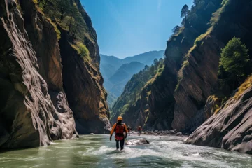 Deurstickers Canyoning extreme sport. canyoning expedition, popular trails, hard impressive spot. Travelling group exploring a wild untamed river canyon with energy, freedom and adrenaline © masherdraws