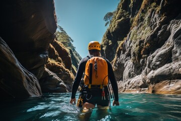 Canyoning extreme sport. canyoning expedition, popular trails, hard impressive spot. Travelling group exploring a wild untamed river canyon with energy, freedom and adrenaline