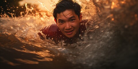 Fototapeta premium Professional surfer riding waves. man catching waves in ocean Surfing action water board sport. Water sport. Beach swimming activity on summer vacation. extreme sport. surfing at sunset time