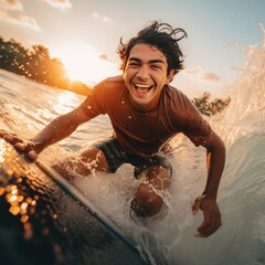 Professional surfer riding waves. man catching waves in ocean Surfing action water board sport. Water sport. Beach swimming activity on summer vacation. extreme sport. surfing at sunset time