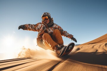 Sand boarding, desert safari. Sandboard. Sandboarding, Guy or girl in dunes with energy, freedom and adrenaline. Orange sand - obrazy, fototapety, plakaty