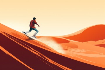 Fototapeta na wymiar Sand boarding, desert safari. Sandboard. Sandboarding, Guy or girl in dunes with energy, freedom and adrenaline. Orange sand