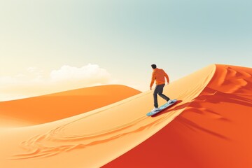 Sand boarding, desert safari. Sandboard. Sandboarding, Guy or girl in dunes with energy, freedom and adrenaline. Orange sand