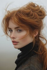 Obraz premium Stunning Portrait of a Caucasian Redhead Woman With Freckles, Intense Gaze, and Windblown Hair - Elegance Through Generative AI.