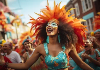 Papier Peint photo autocollant Carnaval Beautiful Brazilian woman, dressed in carnival clothes, dancing. Brazilian wearing Samba Costume, beautiful samba dancer performing at Carnival. Portrait. Happy smile woman.