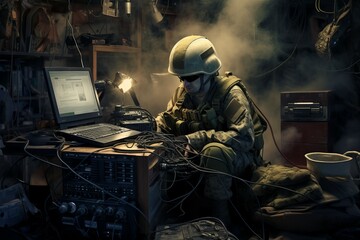 Precise Military team defuses computer technology. Military digital operation for enemy deactivation. Generate ai