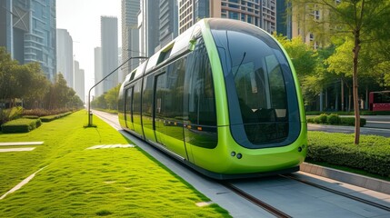 Obraz premium Futuristic green tram moving through a landscaped urban track lined with skyscrapers.
