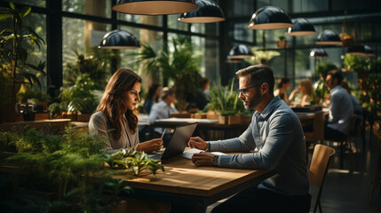 attractive people having a business meeting in a modern cafe. People meeting communication business brainstorming, teamwork concept.