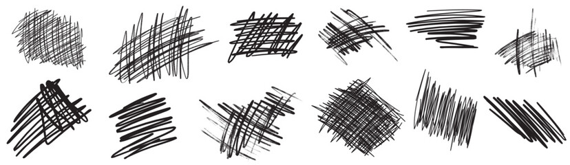 Charcoal scribble stripes and bold paint shapes. Childrens crayon or marker doodle rouge handdrawn scratches. Vector illustration of squiggles in marker sketch style - obrazy, fototapety, plakaty
