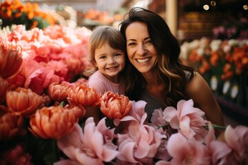 Happy Mother's day. Child daughter and her mother smiling happily surrounded by a huge array of flowers. Spring summer time, flower market with fresh flowers. - obrazy, fototapety, plakaty