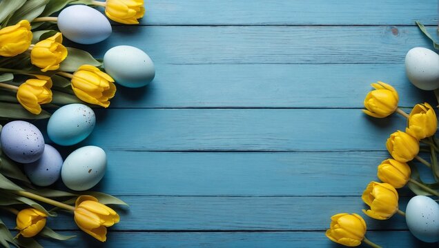 Easter holiday celebration banner greeting card banner with painted eggs in bird nest basket and yellow tulip flowers on blue backround wooden tabel texture
