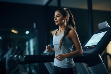 Fototapeta na wymiar Young athletic woman running on treadmill at gym. Attractive young sports woman is working out in gym. Doing cardio training on treadmill. Running on treadmill.
